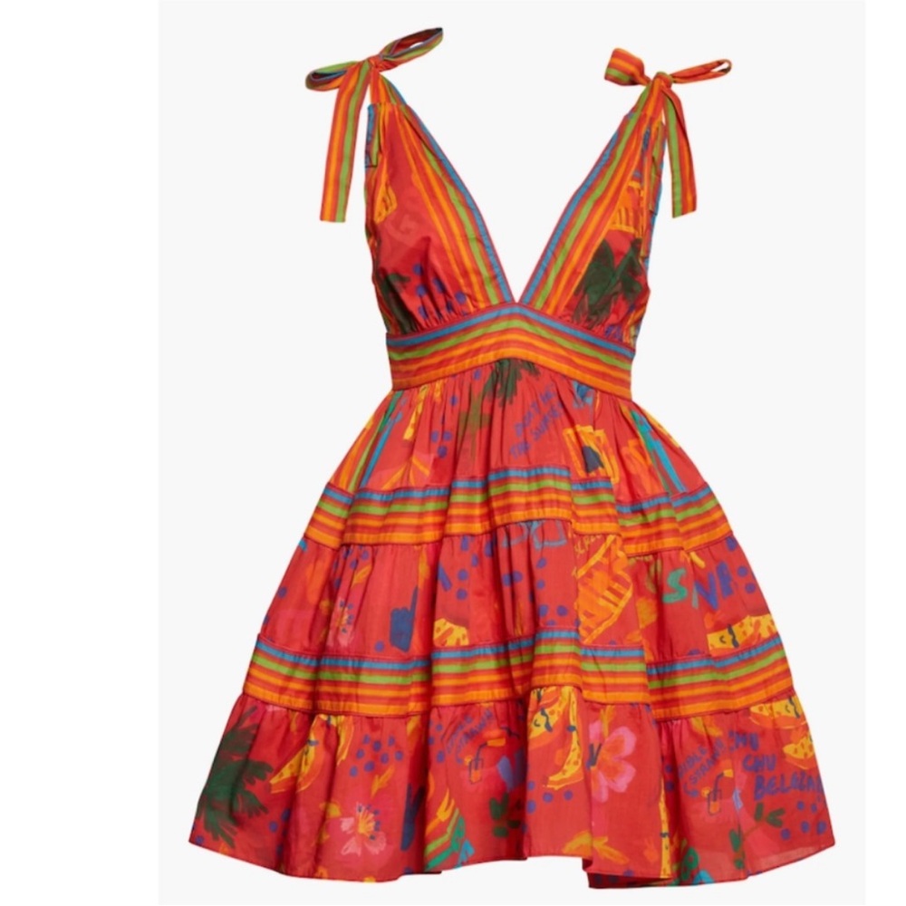 FARM Rio Red Multi-Color Striped Tropical Tie-Shoulder Mini Dress - Picture 2 of 10